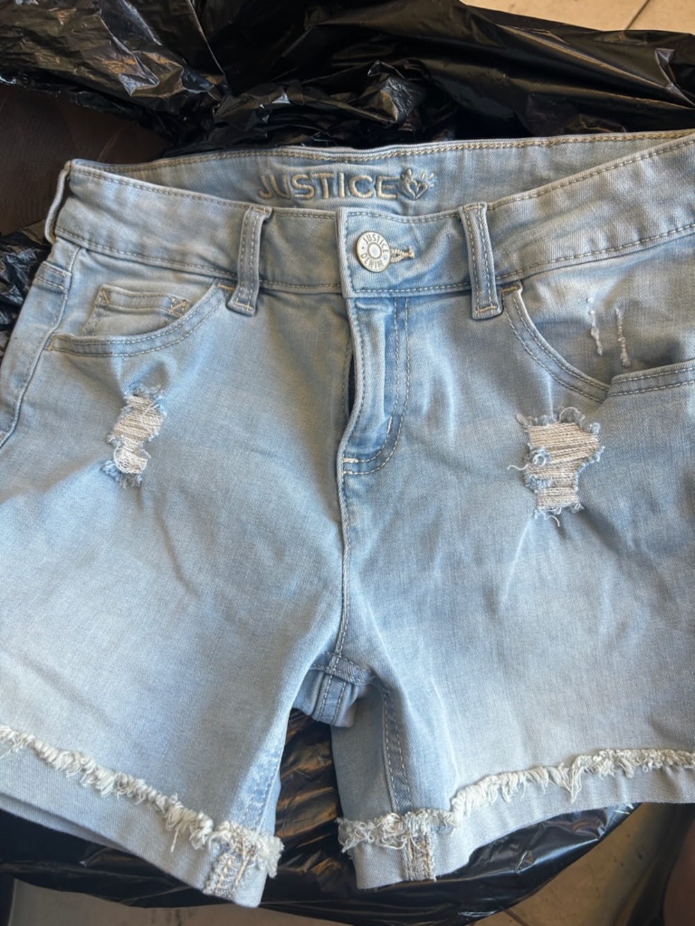 Justice Light Blue Frayed Hem Distressed Denim Shorts